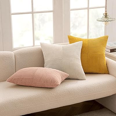 MIULEE Mustard Yellow Corduroy Pillow Covers Pack of 2 Boho Decorative Spliced Throw Pillow Covers Soft Solid Couch Pillowcases Cross Patchwork Textured Covers for Living Room Bed Sofa 18x18 inch