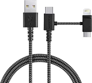 Smartish USB-C/Lightning Cable for iPhone 15/14 - Crown Joule - 6 Foot Universal Fast Fabric Wrapped Charging Cable w/Micro-USB - Apple MFi Certified for iPhone 13/12/SE/iPad/AirPods/Android - Black