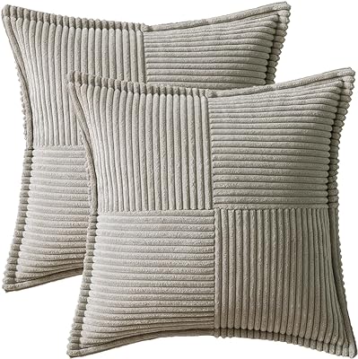 MIULEE Light Grey Corduroy Pillow Covers 18 x 18 inch with Splicing Set of 2 Super Soft Boho Striped Pillow Covers Broadside Decorative Textured Throw Pillows for Couch Cushion Bed Livingroom