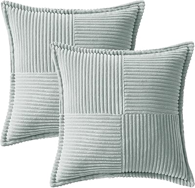 MIULEE Greyish Green Corduroy Pillow Covers 24x24 inch with Splicing Set of 2 Super Soft Couch Pillow Covers Broadside Striped Decorative Textured Throw Pillows for Spring Cushion Bed Livingroom