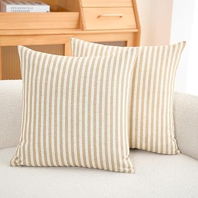 jinchan Striped Throw Pillow Covers Farmhouse Boho Geometric Linen Ticking Stripe Pattern Cushion Covers Pinstripe Durable Pillowcases for Sofa Couch Bed Living Room 20x20 Inch Taupe Pack of 2