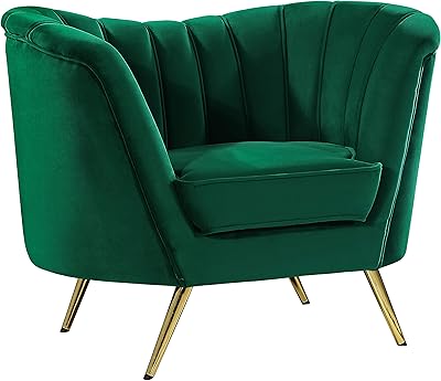 Meridian Furniture Margo Collection Modern | Contemporary Velvet Upholstered Chair with Deep Channel Tufting and Rich Gold Stainless Steel Legs, Green, 43" W x 30" D x 33" H