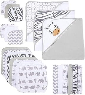 Spasilk Baby 23 Piece Bath Hooded Towels & Washcloths Set for Newborn Boys & Girls, White Zebra