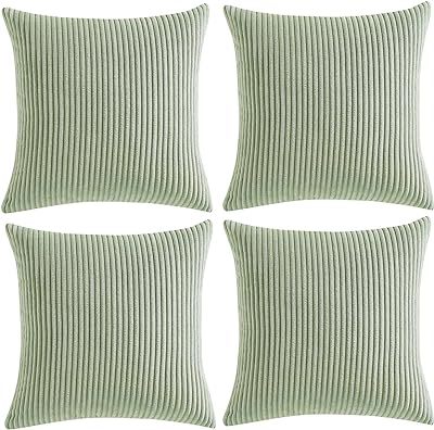 Fancy Homi Set of 4 Sage Green Decorative Throw Pillow Covers 18x18 Inch for Couch Bed Sofa Bedroom, Aesthetic Modern Boho Home Decor, Soft Fluffy Textured Corduroy Cushion Case 45x45 cm