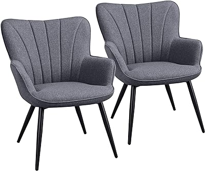 Yaheetech Accent Chair, Modern and Elegant Armchair, Linen Fabric Living Room Chair Vanity Chair with Metal Legs and High Back for Living Room Bedroom Office Waiting Room, Set of 2, Grey