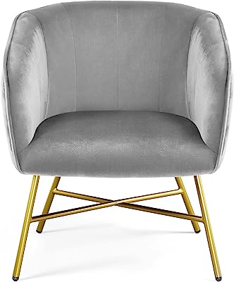 Topeakmart Modern Accent Barrel Chair Living Room Chair Velvet Accent Armchair with Metal Legs for Living Room Bedroom Home Office Grey