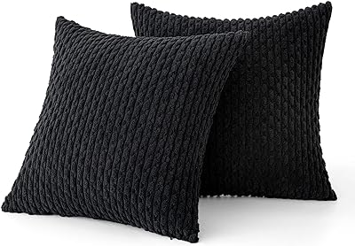 MIULEE Throw Pillow Covers Soft Corduroy Decorative Set of 2 Boho Striped Pillow Covers Pillowcases Farmhouse Home Decor for Couch Bed Sofa Living Room 18x18 Inch Black