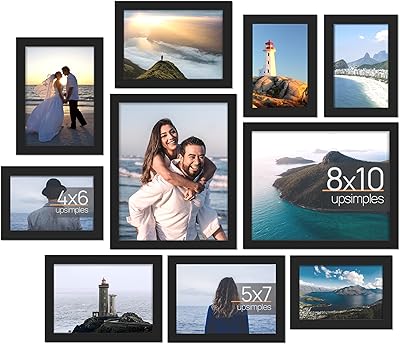 upsimples 10 Pack Picture Frames Collage Wall Decor with Glass, Gallery Wall Frame Set for Wall Mounting or Tabletop Display, Multi Sizes Including 8x10, 5x7, 4x6 Family Photo Frames, Black