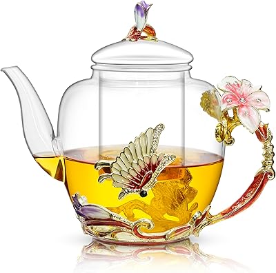 46oz/1300ml Lily Flower Enamel Glass Teapot For Women,Floral Teapot With Removable Loose Tea Leaf Infuser Tea Maker,Clear Teapot With Strainer For Blooming Tea,Floral Glass Teapot For Tea Lovers