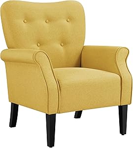 Yaheetech Modern Armchair, Mid Century Accent Sofa Chair with Sturdy Wood Legs and High Back, Upholstered Fabric Sofa Club Chair for Living Room/Bedroom/Office, Yellow
