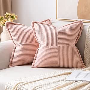 MIULEE Corduroy Pillow Covers with Splicing Set of 2 Super Soft Boho Striped Pillow Covers Broadside Decorative Textured Throw Pillows for Spring Couch Cushion Livingroom 18x18 inch, Pink