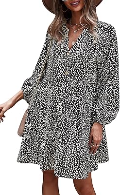 TEMOFON Womens Long Sleeve Dress: Leopard Printed Tunic Casual Loose V Neck Fall Flowy Mini Dresses S-XL