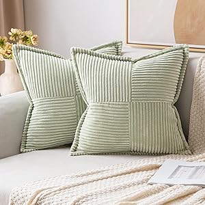 MIULEE Light Green Corduroy Pillow Covers 18x18 Inch with Splicing Set of 2 Super Soft Boho Striped Pillow Covers Broadside Decorative Textured Throw Pillows for Spring Couch Cushion Bed Livingroom