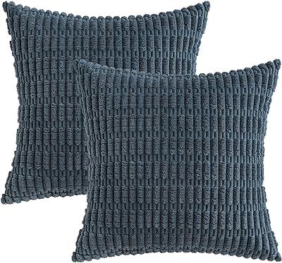 MIULEE Pack of 2 Corduroy Decorative Throw Pillow Covers 20x20 Inch Soft Boho Striped Pillow Covers Modern Farmhouse Home Decor for Sofa Living Room Couch Bed Blue