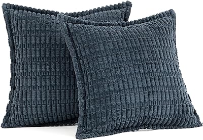 MIULEE Blue Corduroy Decorative Throw Pillow Covers Pack of 2 Soft Striped Pillows Pillowcases with Broad Edge Modern Boho Home Decor for Couch Sofa Bed 18x18 Inch