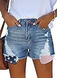 MINGALONDON Stretchy Jean Shorts for Women American Flag Patch Mid Rise Distressed Frayed Hem Denim Shorts Blue M
