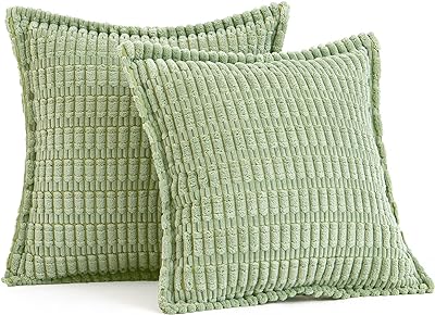 MIULEE Sage Green Corduroy Decorative Throw Pillow Covers Pack of 2 Soft Striped Pillows Pillowcases with Broad Edge Modern Boho Home Decor for Couch Sofa Bed 18x18 Inch