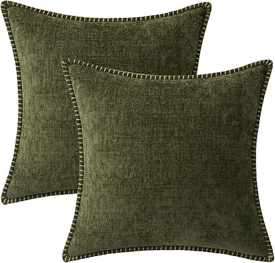 MIULEE Pack of 2 Couch Throw Pillow Covers 18x18 Inch Olive Green Farmhouse Decorative Pillow Covers with Stitched Edge Soft Chenille Solid Dyed Spring Pillow Covers for Sofa Bed Living Room