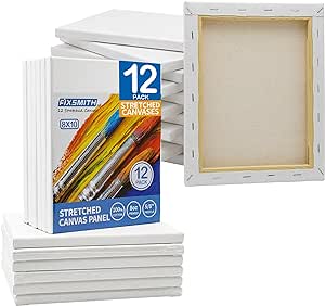 FIXSMITH Stretched Canvas for Painting- 8x10 Inch,Bulk Pack of 12,Primed,100% Cotton,5/8 Inch Profile of Super Value Pack for Acrylics,Oils &amp; Other Painting Media.