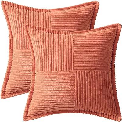 MIULEE Coral Red Corduroy Pillow Covers 18x18 Inch with Splicing Set of 2 Super Soft Boho Striped Pillow Covers Broadside Decorative Textured Throw Pillows for Spring Couch Cushion Bed Livingroom