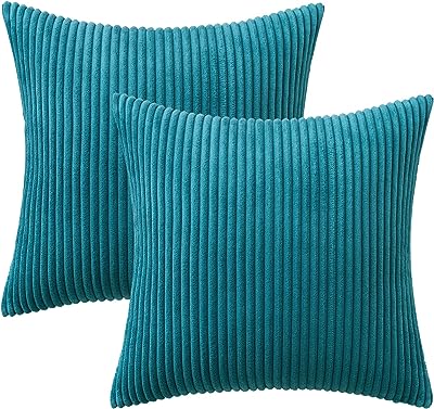 MIULEE Pack of 2 Teal Corduroy Pillow Covers Soft Boho Striped Throw Pillow Covers Set Decorative Square Cushion Cases Pillowcases for Sofa Bedroom Couch 18 x 18 Inch