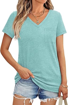 AUTOMET Womens T Shirts Short Sleeve V Neck Tops with Pockets Summer Fashion Trendy Soft Casual Comfy Outfits Clothes 2024