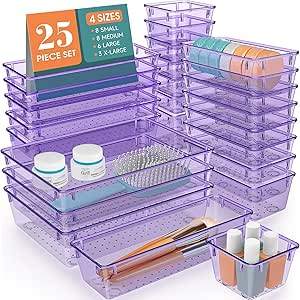 WOWBOX 25 PCS Plastic Drawer Organizer Set, Desk Drawer Divider Organizers and Storage Bins for Makeup, Jewelry, Gadgets for Kitchen, Bedroom, Bathroom, Office, Purple