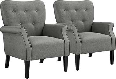 Yaheetech Modern Armchair, Mid Century Accent Chair with Sturdy Wood Legs and High Back for Small Space, Upholstered Fabric Sofa Club Chair for Living Room/Bedroom/Office, Set of 2, Dark Gray