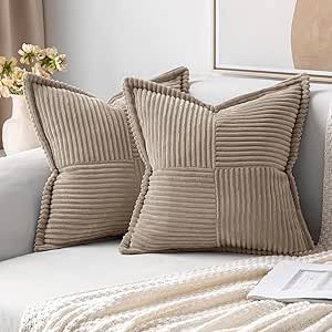 MIULEE Corduroy Pillow Covers with Splicing Set of 2 Super Soft Boho Striped Pillow Covers Broadside Decorative Textured Throw Pillows for Spring Couch Cushion Livingroom 18x18 inch, Light Brown