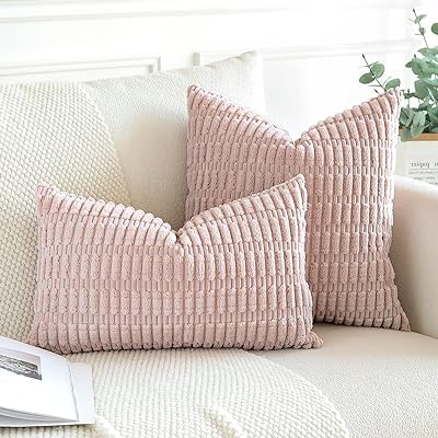 OTOSTAR Pack of 2 Soft Corduroy Decorative Throw Pillow Covers 16 x 24 Inch Boho Striped Pillow Covers Lumbar Cushion Case Couch Pillowcases for Sofa Bed Home Decor (Pink)