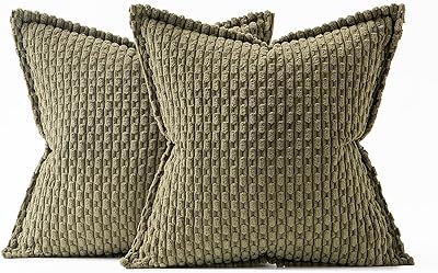 MIULEE Olive Green Throw Pillow Covers 20x20 Inch Pack of 2 Soft Corduroy Pillow Covers Decorative Striped Pillowcases with Broad Edge Farmhouse Spring Home Decor for Couch Bed Sofa Living Room