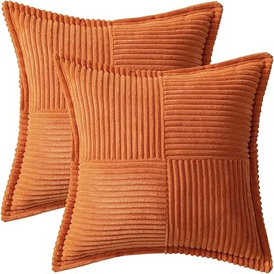 MIULEE Ornage Pillow Covers 12x12 Inch with Splicing Set of 2 Super Soft Boho Striped Corduroy Pillow Covers Broadside Decorative Textured Throw Pillows for Fall Couch Cushion Livingroom