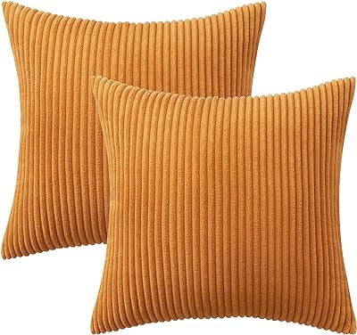 MIULEE Pack of 2 Burnt Orange Pillow Covers 18x18 Inch Soft Striped Corduroy Fall Throw Pillow Covers Set Decorative Square Cushion Cases Pillowcases for Sofa Bedroom Couch