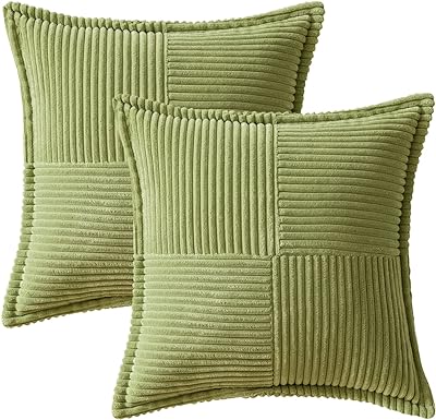 MIULEE Green Corduroy Pillow Covers 24x24 inch with Splicing Set of 2 Super Soft Couch Pillow Covers Broadside Striped Decorative Textured Throw Pillows for Spring Cushion Bed Livingroom