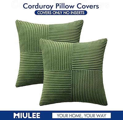 MIULEE Moss Green Corduroy Pillow Covers Pack of 2 Boho Decorative Spliced Throw Pillow Covers Soft Solid Couch Pillowcases Cross Patchwork Textured Cushion Covers for Living Room Bed Sofa 18x18 inch