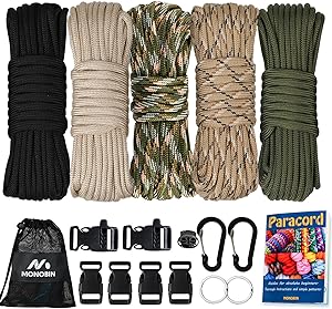 MONOBIN 550 Paracord Kits - 5Colors 20ft Parachute Cord Combo for Bracelet Making, Paracord Bulk Supplies for Making lanyards,Dog Collar