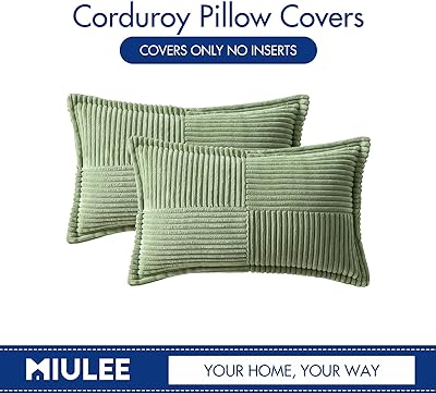 MIULEE Corduroy Pillow Covers with Splicing Set of 2 Super Soft Boho Striped Pillow Covers Broadside Decorative Textured Throw Pillows for Spring Couch Cushion Livingroom 12x20 inch, Sage Green