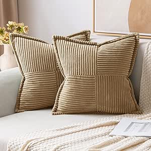MIULEE Corduroy Pillow Covers with Splicing Set of 2 Super Soft Couch Pillow Covers Broadside Striped Decorative Textured Throw Pillows for Cushion Bed Livingroom 18 x 18 inch, Khaki