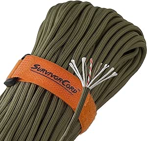 620 LB SurvivorCord Hank, Paracord 550 Type III, Military Grade, Heavy Duty Paracord with 3 Survival Strands, Cordage for Camping, with Survival Firestarter.