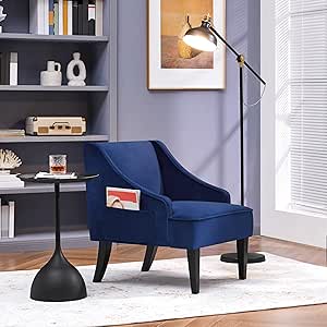 Yaheetech Mid-Century Accent Chair, Velvet Club Chair with Pocket, Wood Frame Comfy Barrel Chair for Living Room/Waiting Room/Bedroom, Blue