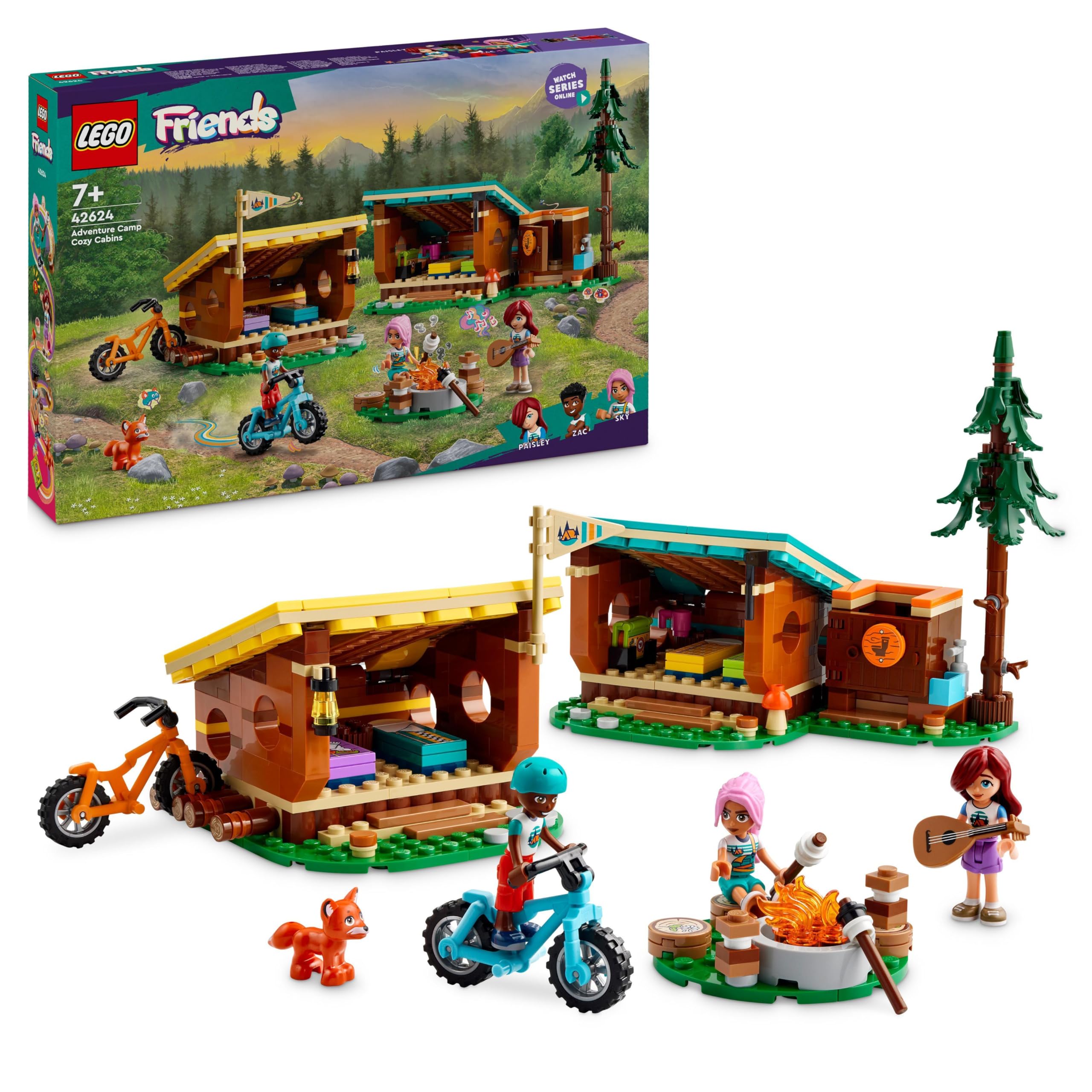 LEGO Friends Adventure Camp Cosy Cabins Camping Toy Set, Kids’ Nature Playset, Pretend Play for Girls and Boys Aged 7 Years and over, with 3 Mini-Doll Characters and a Fox 42624