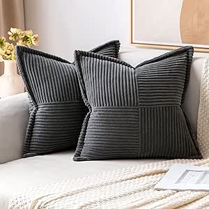 MIULEE Dark Grey Corduroy Pillow Covers 18 x 18 inch with Splicing Set of 2 Super Soft Boho Striped Pillow Covers Broadside Decorative Textured Throw Pillows for Couch Cushion Bed Livingroom