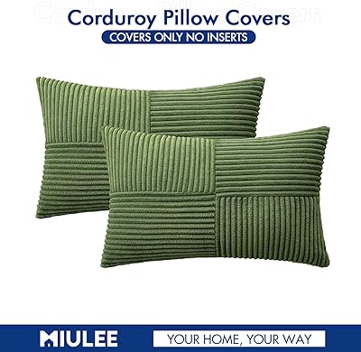 MIULEE Moss Green Corduroy Pillow Covers Pack of 2 Boho Decorative Spliced Throw Pillow Covers Soft Solid Couch Pillowcases Cross Patchwork Textured Cushion Covers for Living Room Bed Sofa 12x20 inch