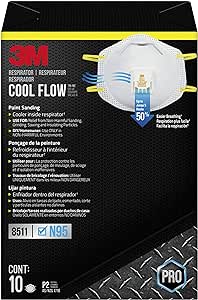 3M N95 Respirator 8511, 10 Pack, NIOSH-APPROVED N95, Features 3M COOL FLOW Exhalation Valve, Relief From Dusts &amp; Certain Particles During Sanding, Pollen, Mold Spores, Dust Particles (8511DB1-A-PS)