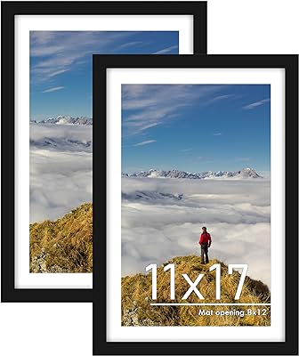 PEALSN 11x17 Picture Frame Set of 2, Poster Frames for Wall Decor, Display Pictures 8 x 12 with Mat or 11 x 17 Without Mat for Wall Mounting Display, Black.