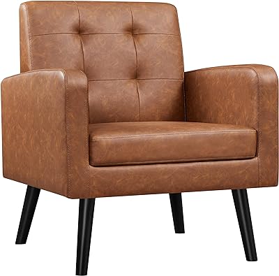 Yaheetech Mid-Century Accent Chairs, PU Leather Modern Upholstered Living Room Chair, Cozy Armchair Button Tufted Back and Wood Legs for Bedroom/Office/Cafe, Retro Brown