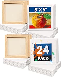 FIXSMITH Mini Stretched Canvas - 24 Pack 5 x 5 Inch, 2/5” Profile Small Square Canvases, 100% Cotton Art Primed Little Blank Canvas for Kids, Home Decor Project, Art Supplies for Acrylic Oil Painting