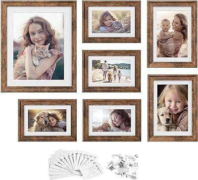 SONGMICS Picture Frames with 10 Mats, Set of 7 Collage Photo Frames, Two 8x10, Four 5x7, Four 4x6 Frames, Hanging or Table Display, Glass, 9 Non-Trace Nails, Rustic Brown