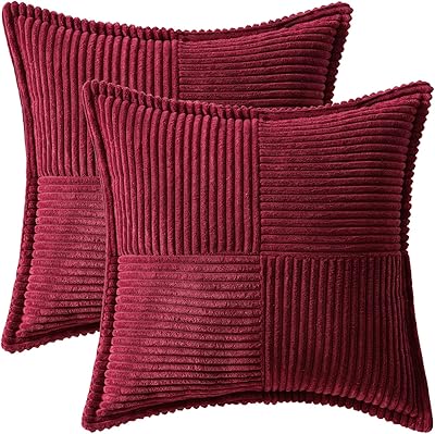 MIULEE Burgundy Corduroy Pillow Covers 24x24 inch with Splicing Set of 2 Super Soft Boho Striped Pillow Covers Broadside Decorative Textured Throw Pillows for Couch Cushion Bed Livingroom