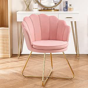 Furniliving Pink Vanity Chair, Chair for Bedroom, Makeup Chair with Gold Plating Legs, Accent Chair for Makeup Room, Bedroom, Living Room, Guest Reception (Velvet Pink)